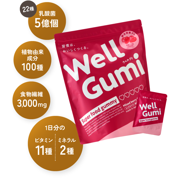 乳酸菌5億個/植物由来成分100種/食物繊維3,000mg/1日分のビタミン11種、ミネラル2種